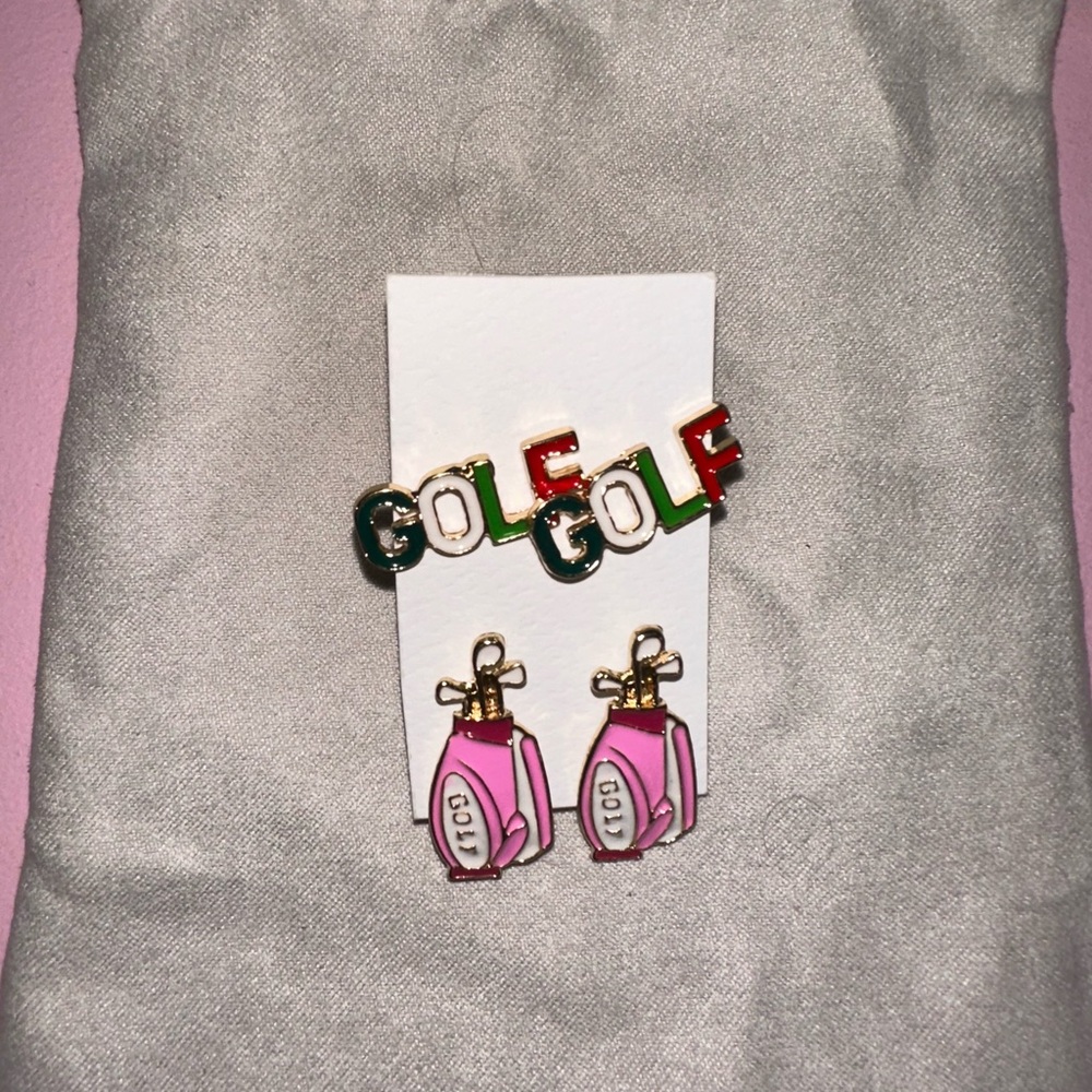 Woman’s Pink Golf Bag Earrings and 'GOLF' Enamel Earring Set